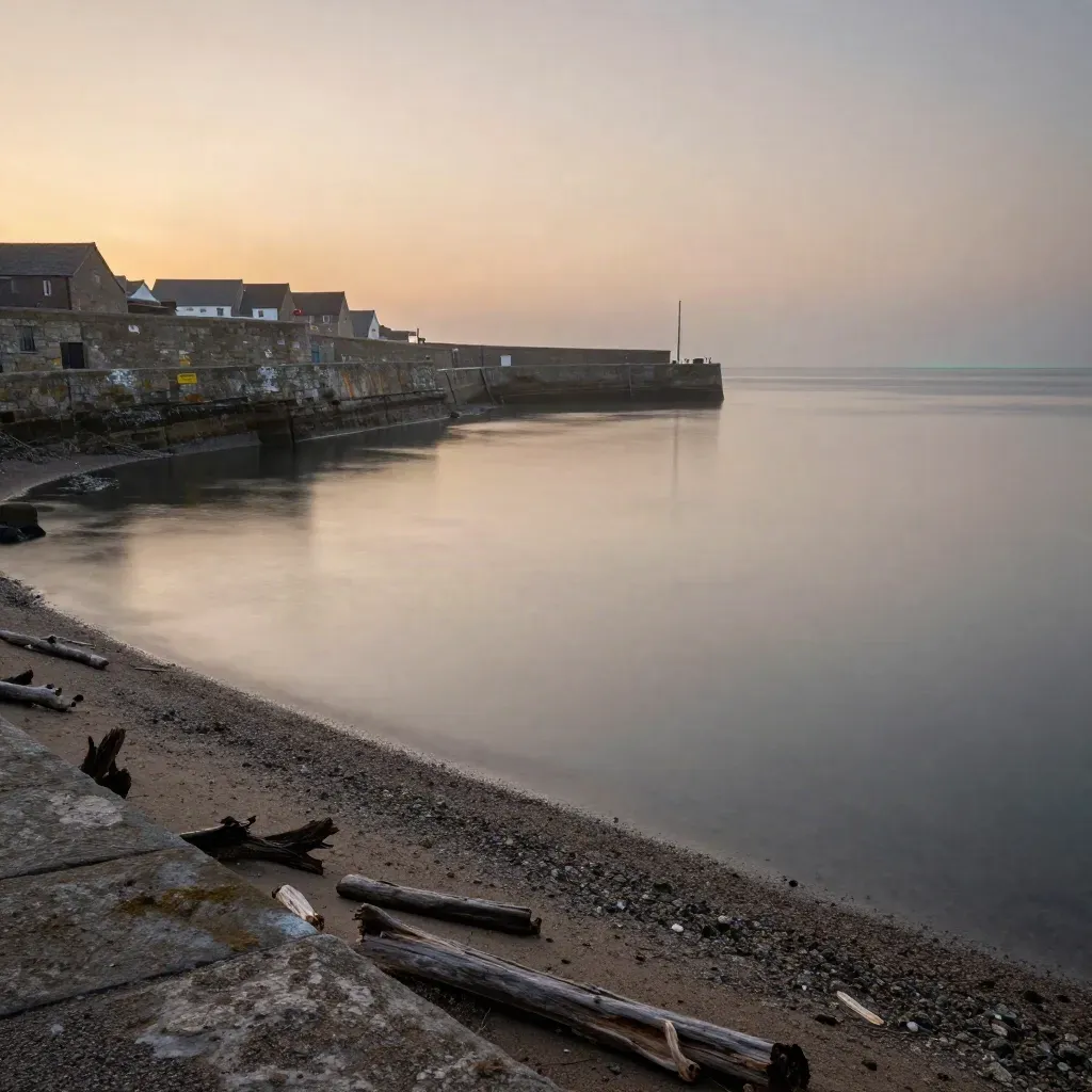 Quiet harbor edge with stone seawall, hazy water, and distant rooflines at sunset.
