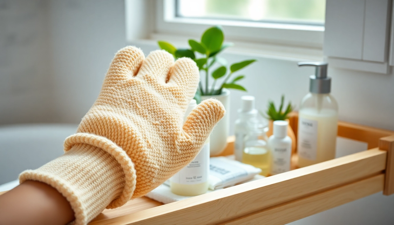 Hand loofah glove on a wooden caddy, showcasing its texture and inviting relaxation.