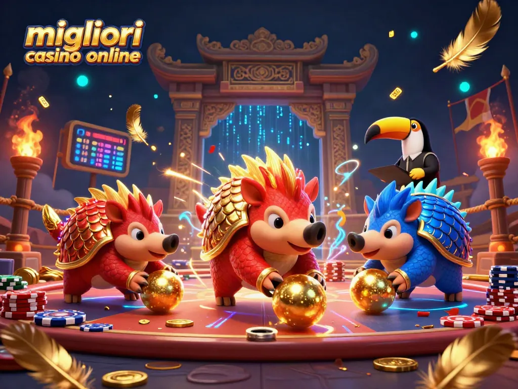 I migliori casino online sfidano i pangolini rivali mentre si affrontano in un'illustrazione vivace e colorata.