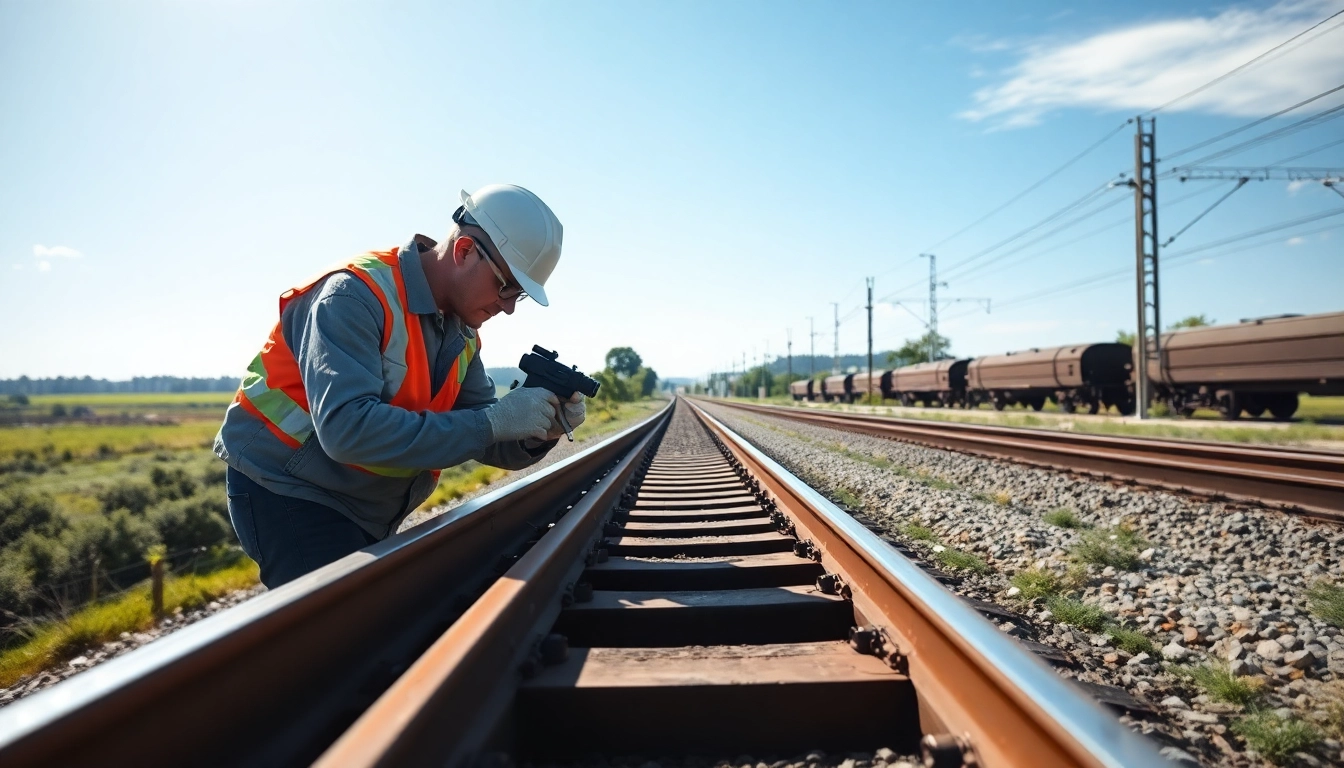 Railroa Maintenance Services technician inspecting tracks with precision tools in a picturesque environment.
