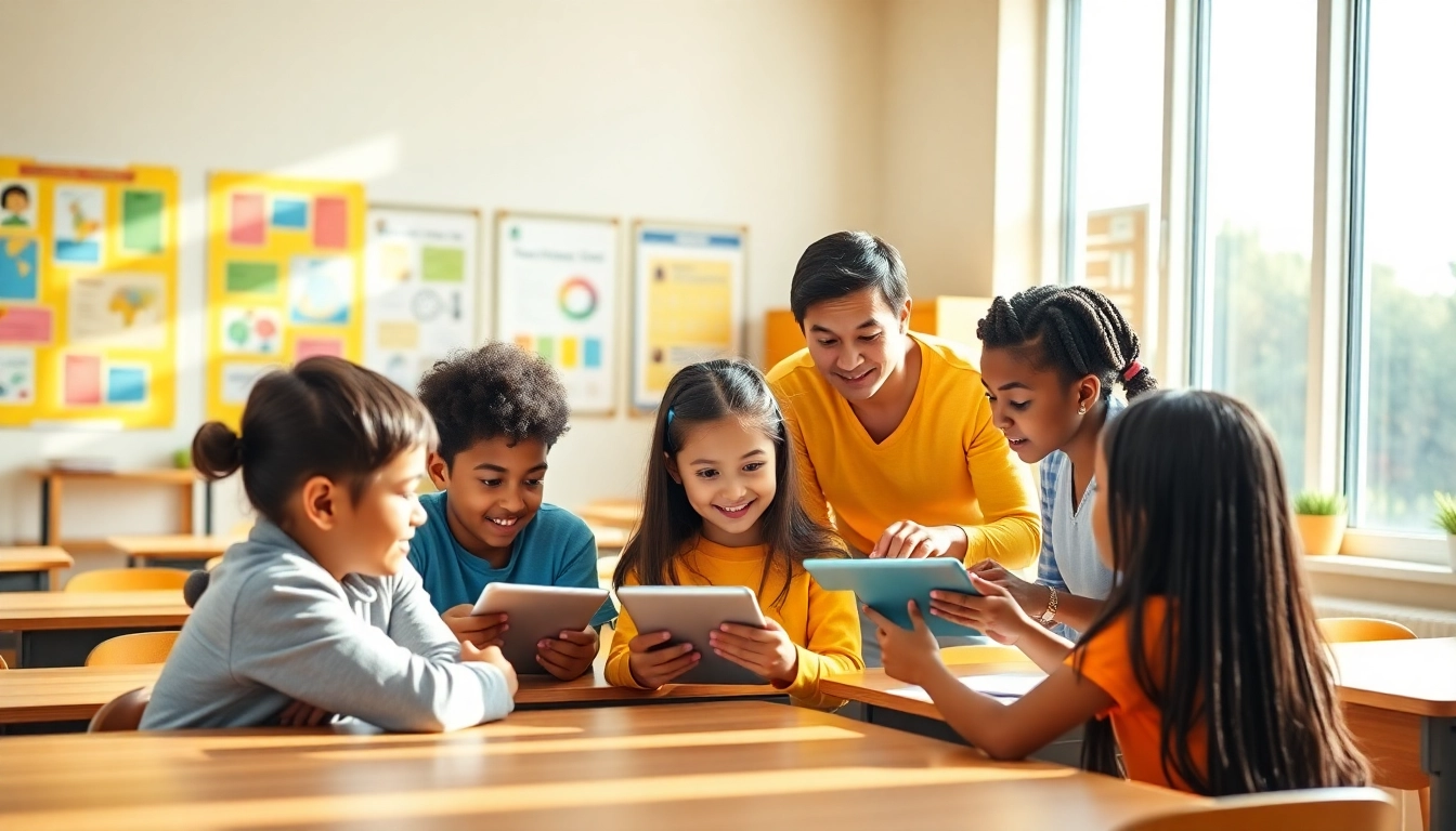 Education-focused classroom with diverse students using digital tools for collaborative learning.