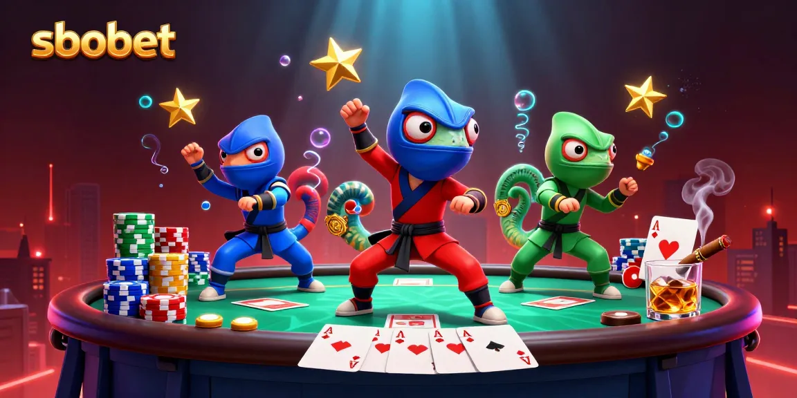 Engaging sbobet action with cartoon ninja chameleons on a rooftop surrounded by poker elements.