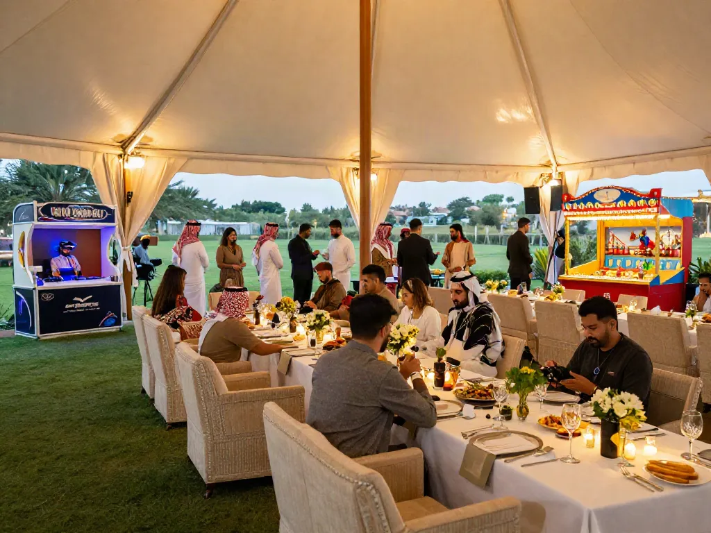 Event rental KSA scene featuring a luxurious outdoor tent with elegant décor and interactive entertainment for a grand celebration.