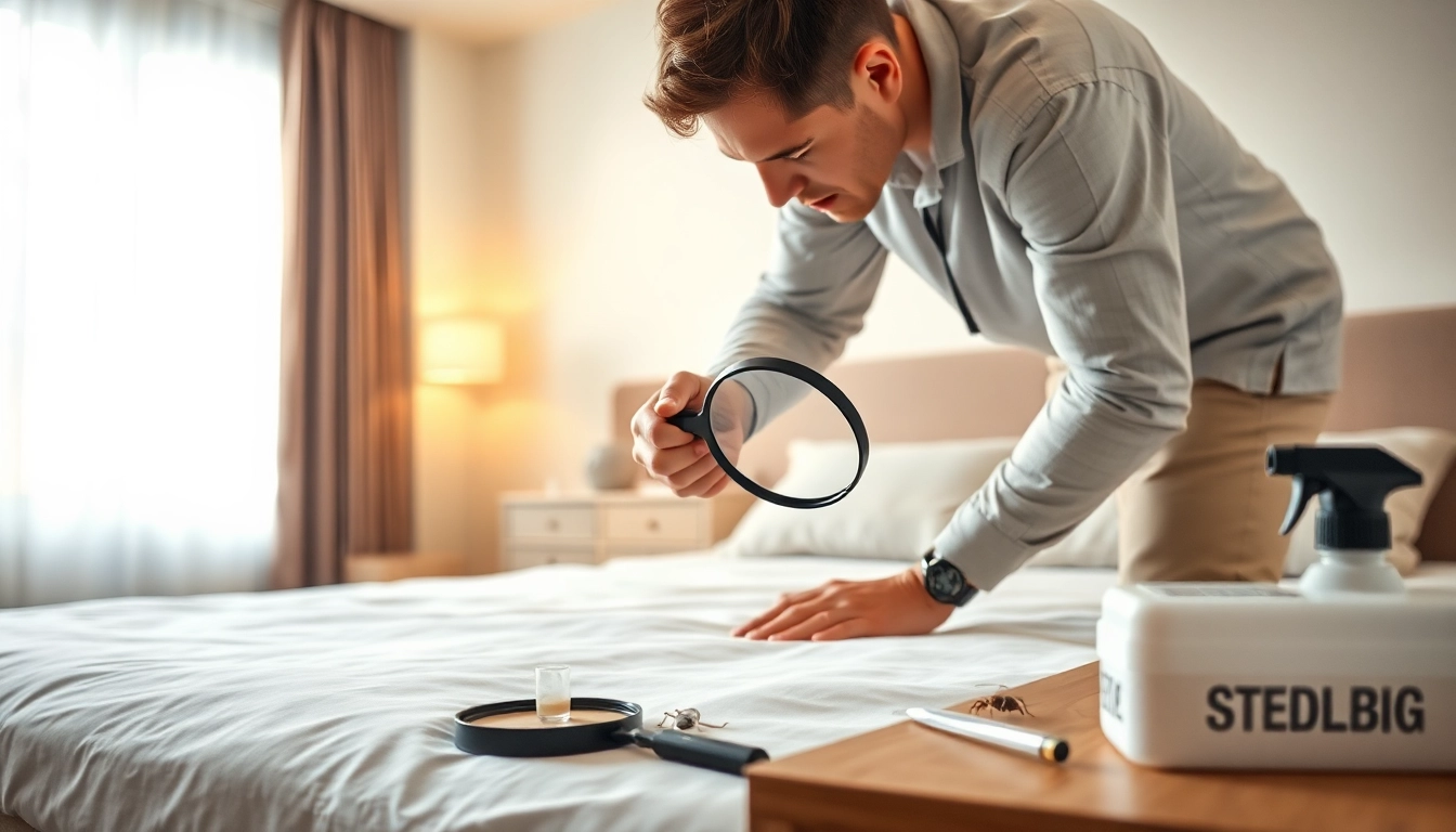 Efficient bed bug exterminator inspecting a bedroom for signs of infestation.