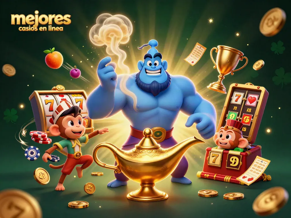 Descubre los mejores casinos en línea con un genio mágico, un mono y símbolos de tragamonedas.