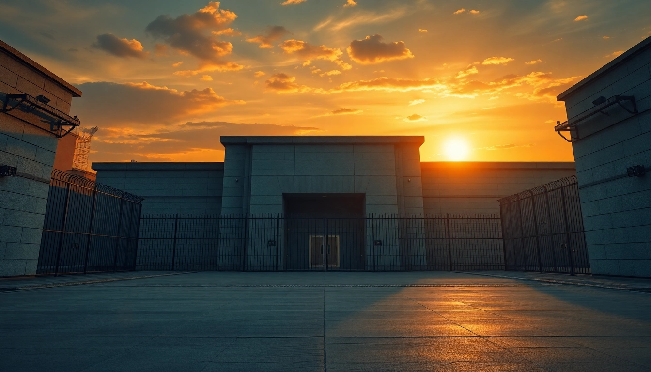 OC Jail facility showcasing modern architecture and security features in dramatic lighting.