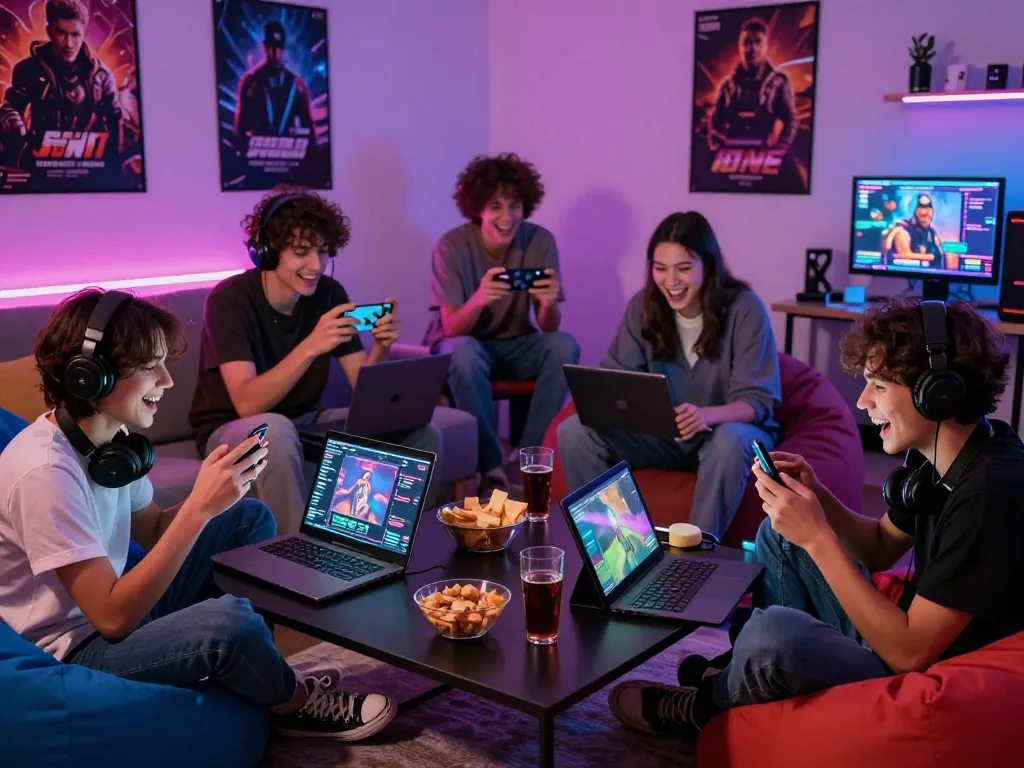 Engaged friends playing online porn games in a cozy living room setting.