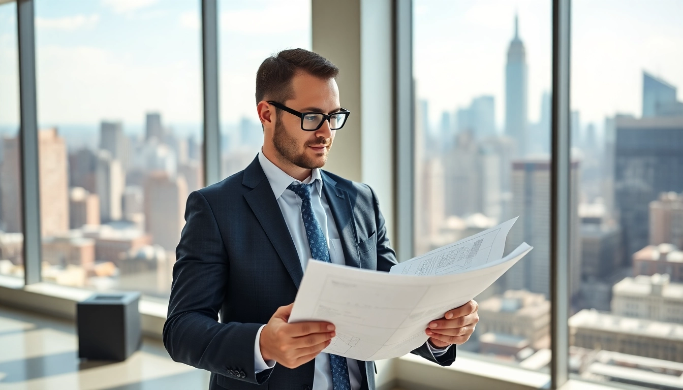 Manhattan Construction Manager analyzing blueprints in a modern office space with NYC skyline view.