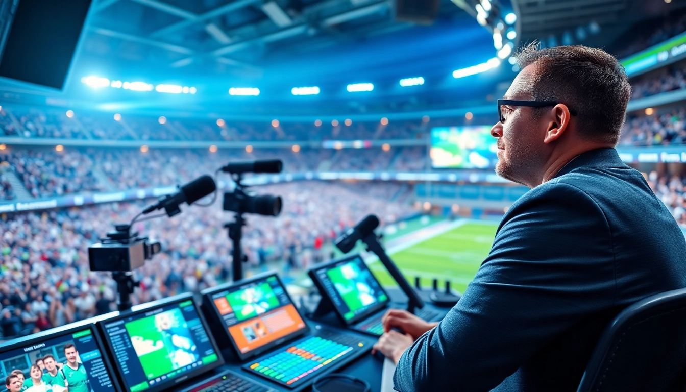 Engaging sports broadcasting scene with a commentator thrilling sports fans in action.