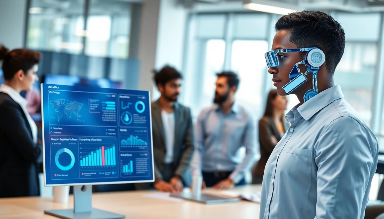 Engage with an AI assistant for enterprise teams within a dynamic corporate office environment.