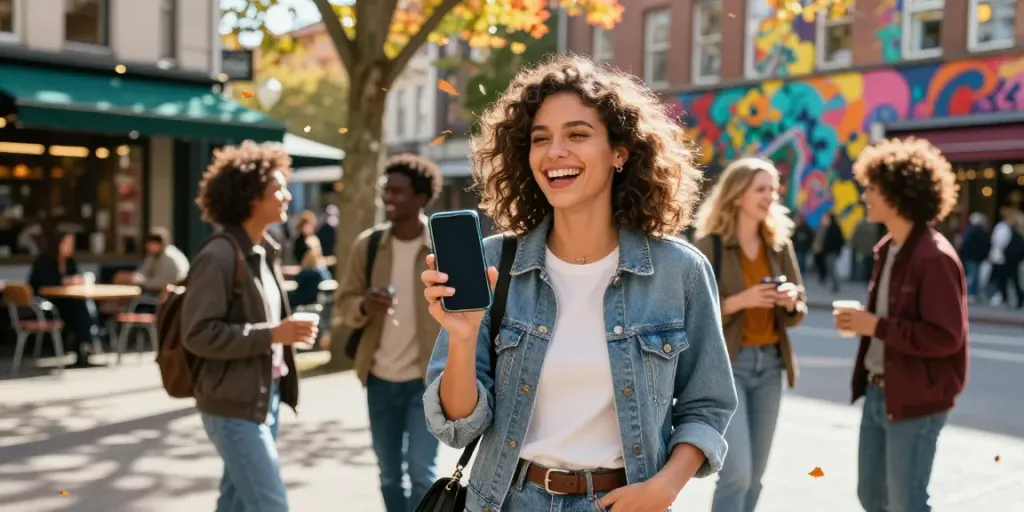 Scene depicting Ellie Nova xxx enjoying a lively urban moment with friends amidst colorful street art.