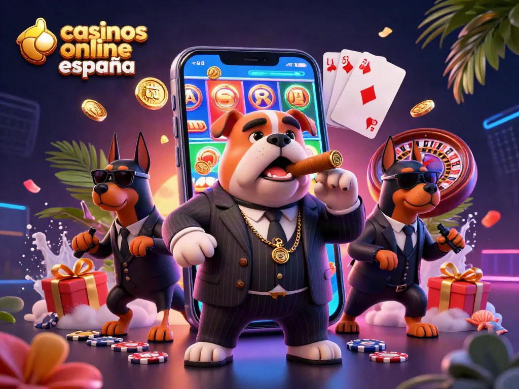 Ilustración de casinos online en España con bulldog mafioso y elementos de juego vibrantes.