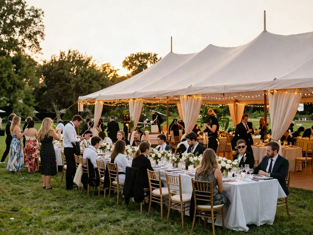 Event rental ksa setup for a beautiful outdoor wedding reception, featuring a decorated tent, elegant tables, and lush surroundings.