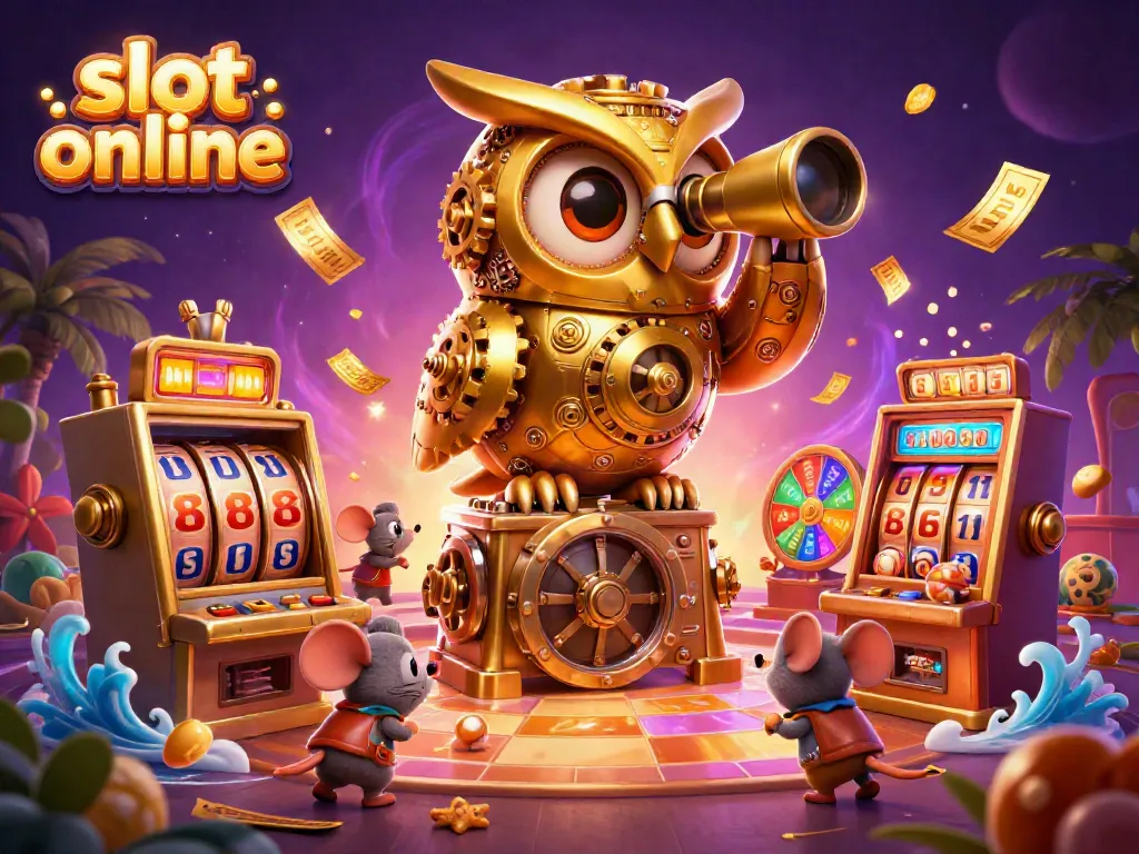 Slot online menampilkan karakter burung hantu emas yang memantau mesin slot dengan elemen permainan berwarna-warni.