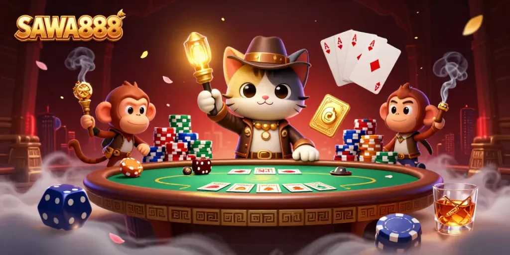 Engage with the SAWA888 theme as a cat explorer uncovers casino treasures in a dynamic scene.