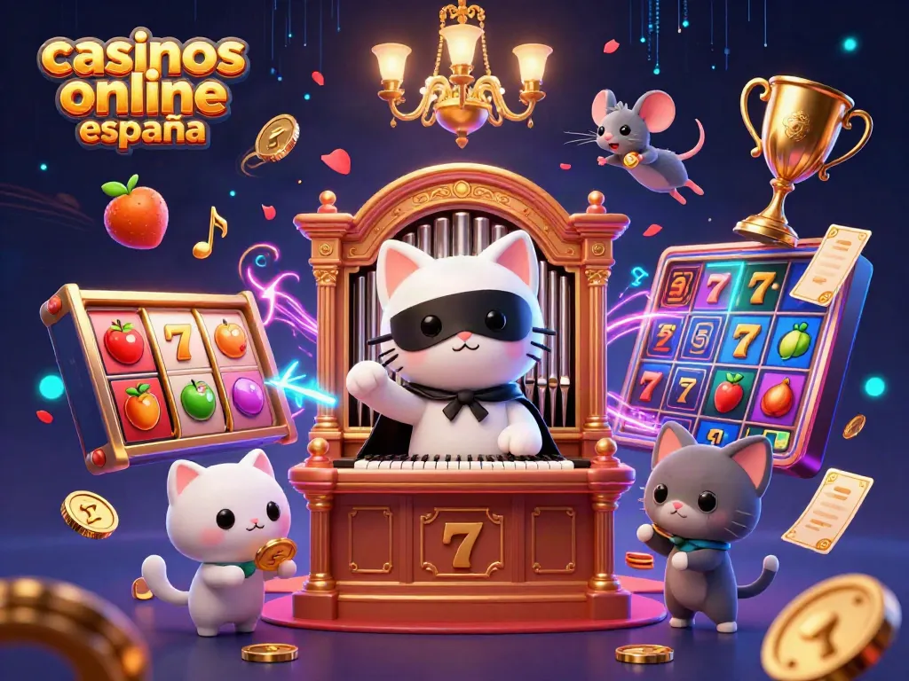 Juega en casinos online España con una ilustración de ambientes de casino y personajes animados.
