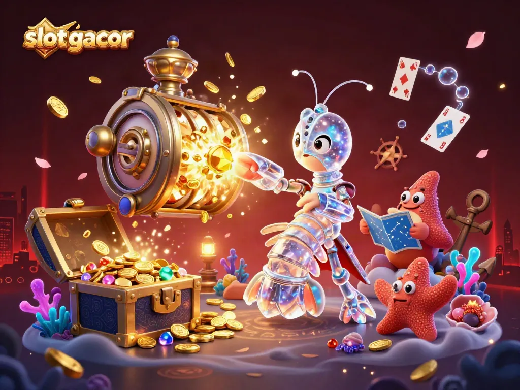 Slot gacor menggambarkan samurai mantis udang yang menghancurkan slot reel dengan mata uang emas dan perhiasan berwarna-warni.