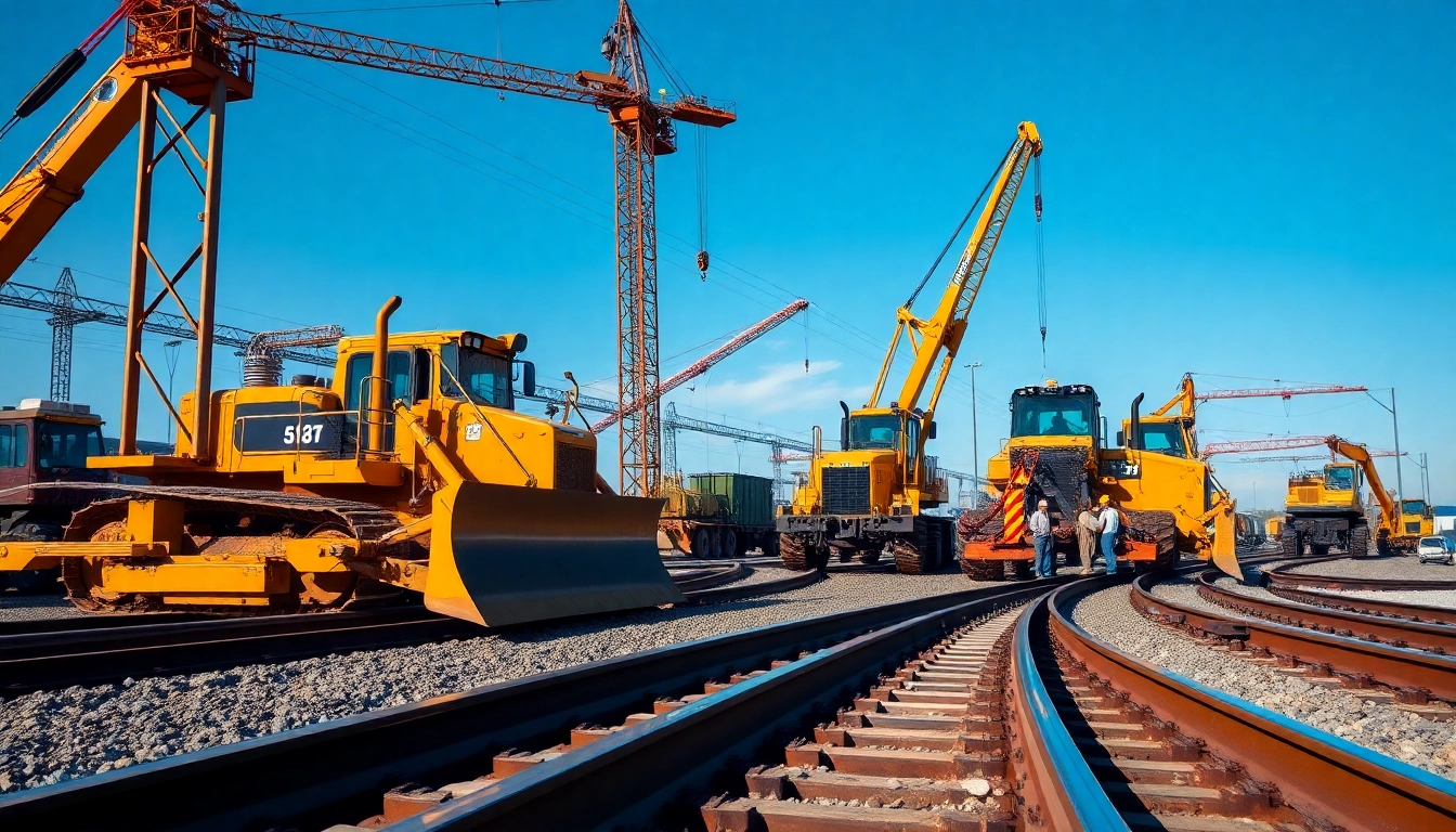 Active railroad contractors USA working with machinery at a construction site.