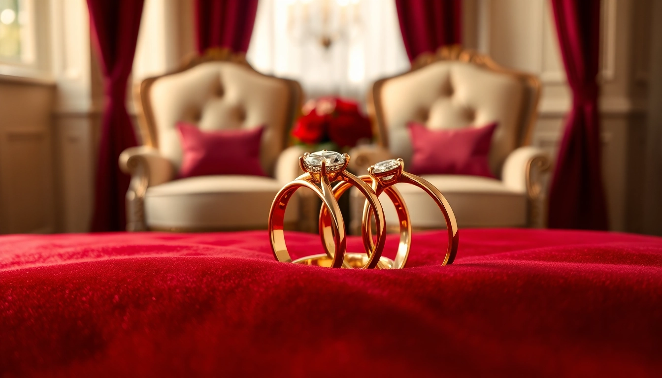 Showcase of couple rings with intricate details and romantic setting.