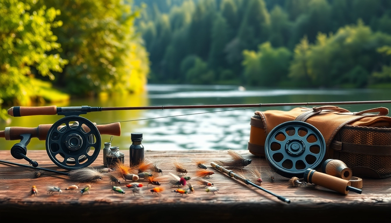 Fly fishing kit displayed on a wooden table with serene river background, inviting outdoor adventure.