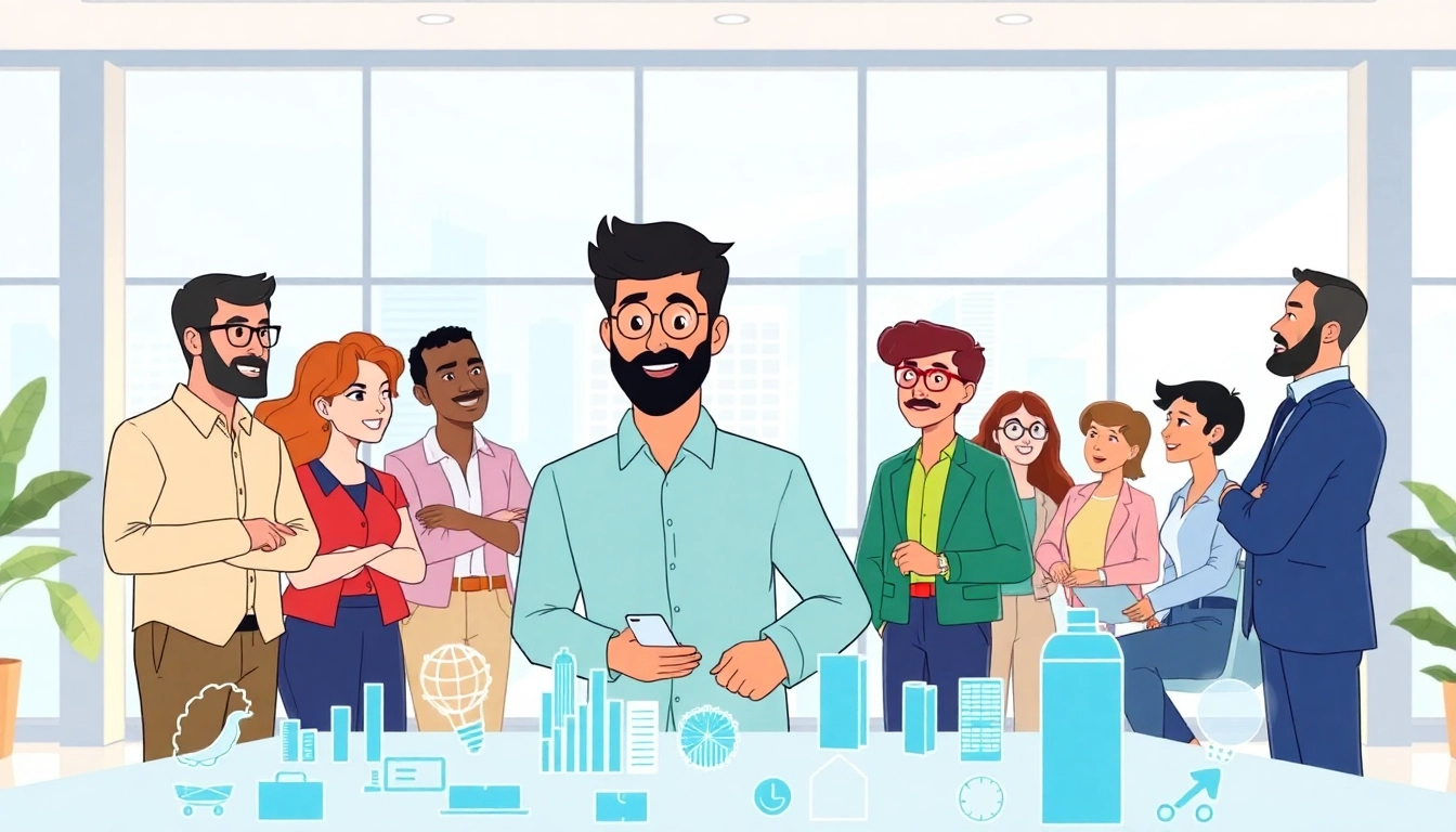Innovative Unternehmensanimation showcasing a diverse team in a modern office environment.