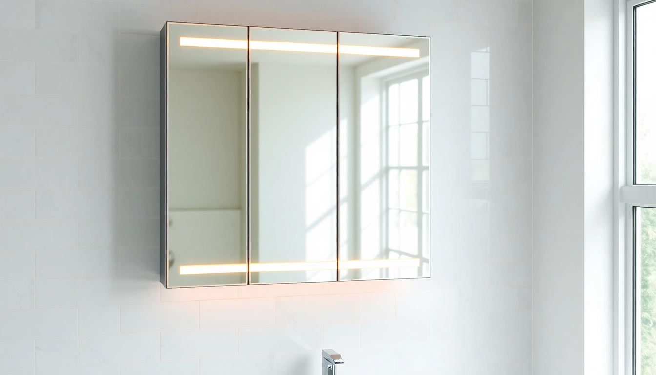 Stylish mirrored bathroom cabinet with light enhancing a modern bathroom design.