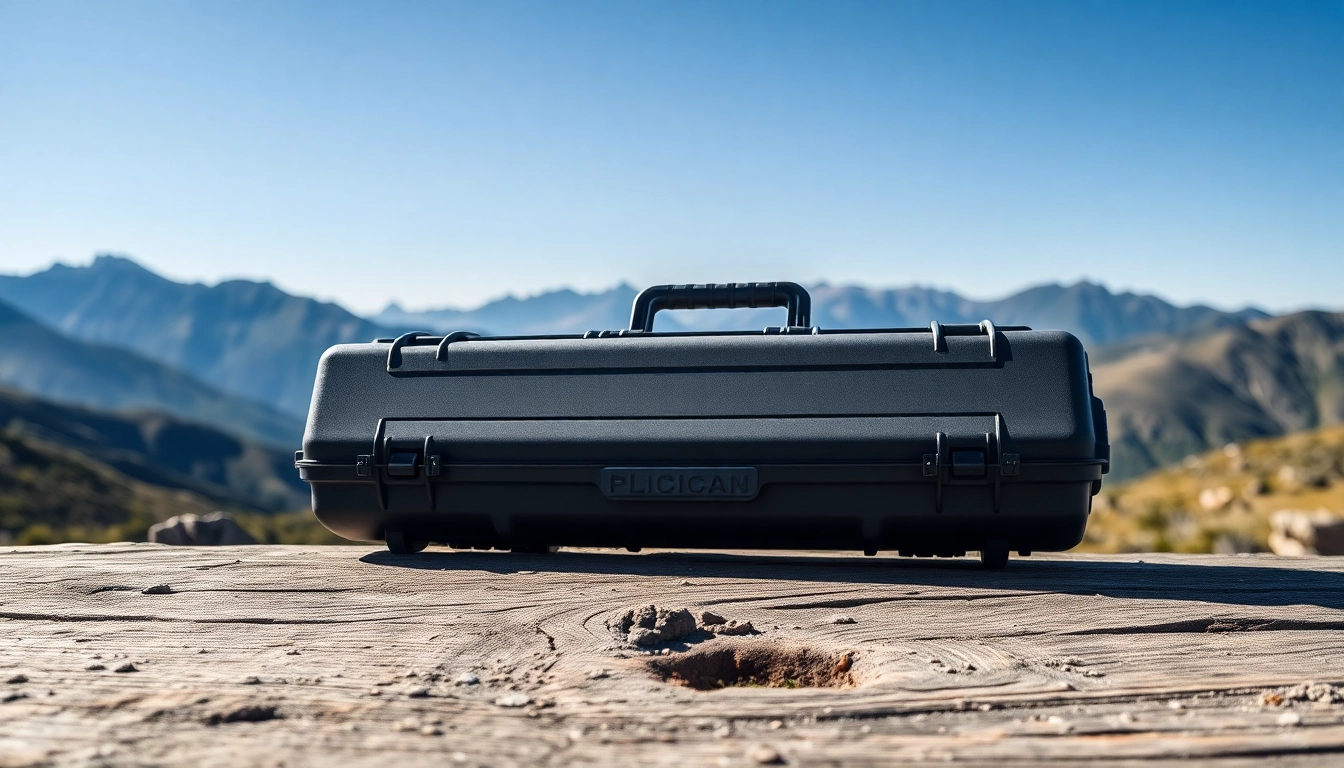 Secure your pelican rifle case displayed on rugged wood against a scenic mountainous backdrop.