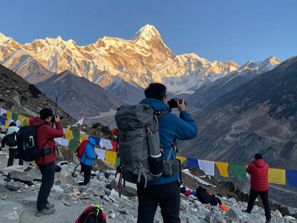 Trek to Annapurna Circuit with stunning mountain views at Thorong La Pass, showcasing adventurous travelers capturing the moment.