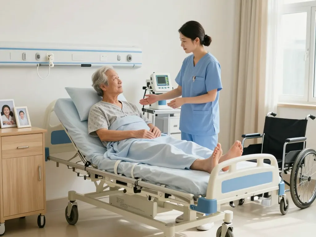 Multi-functional giường bệnh nhân being used by nurse and patient in caring healthcare environment.