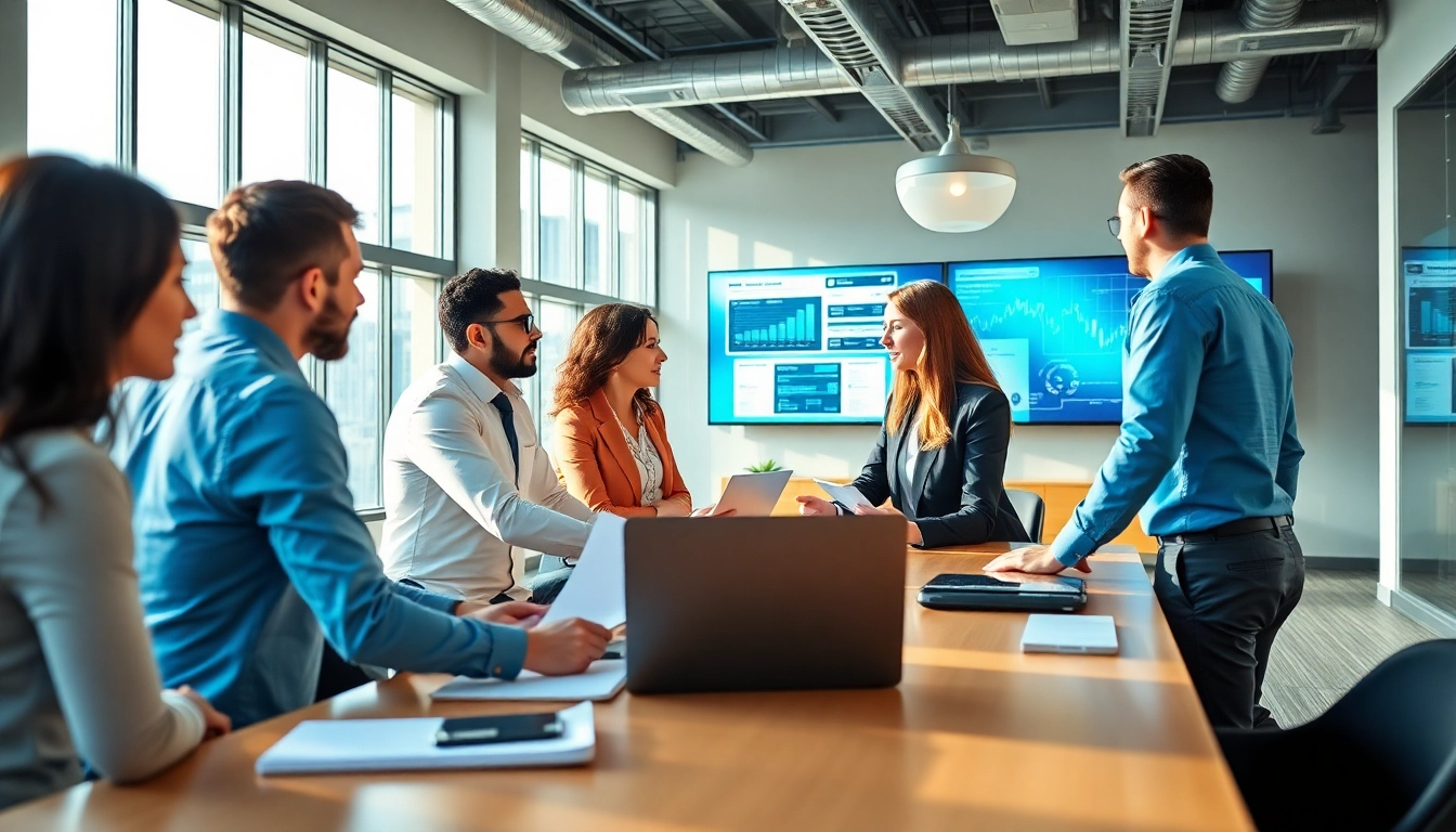 Enhancing B2B competitive intelligence strategies through team collaboration in a modern office setting.