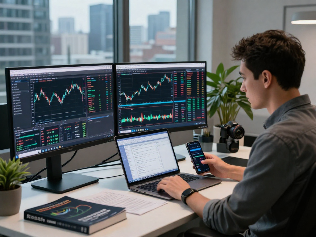 Trader using metatrader 5 in a modern office setting with live market data and analysis tools.