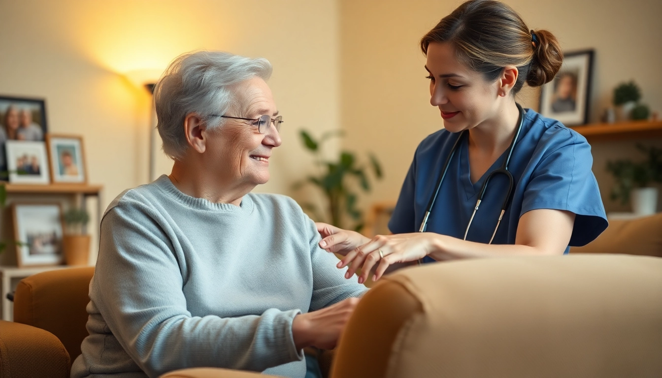 Elderly in home care near me showing a caregiver supporting a senior in a cozy living room.