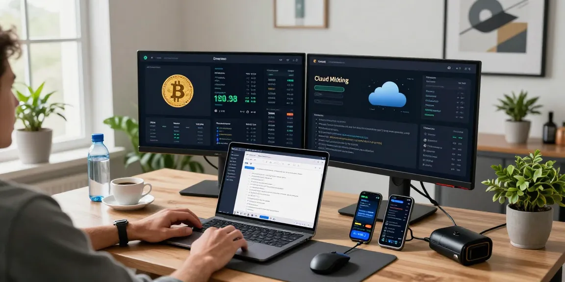Cloud mining platform workspace showcasing cryptocurrency analytics, DeFi project dashboards, and secure hardware wallets in a modern office setting