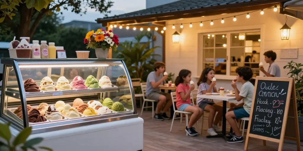 Delightful scene at ROKOK88 SUPER ice cream shop featuring vibrant artisanal flavors and happy customers.