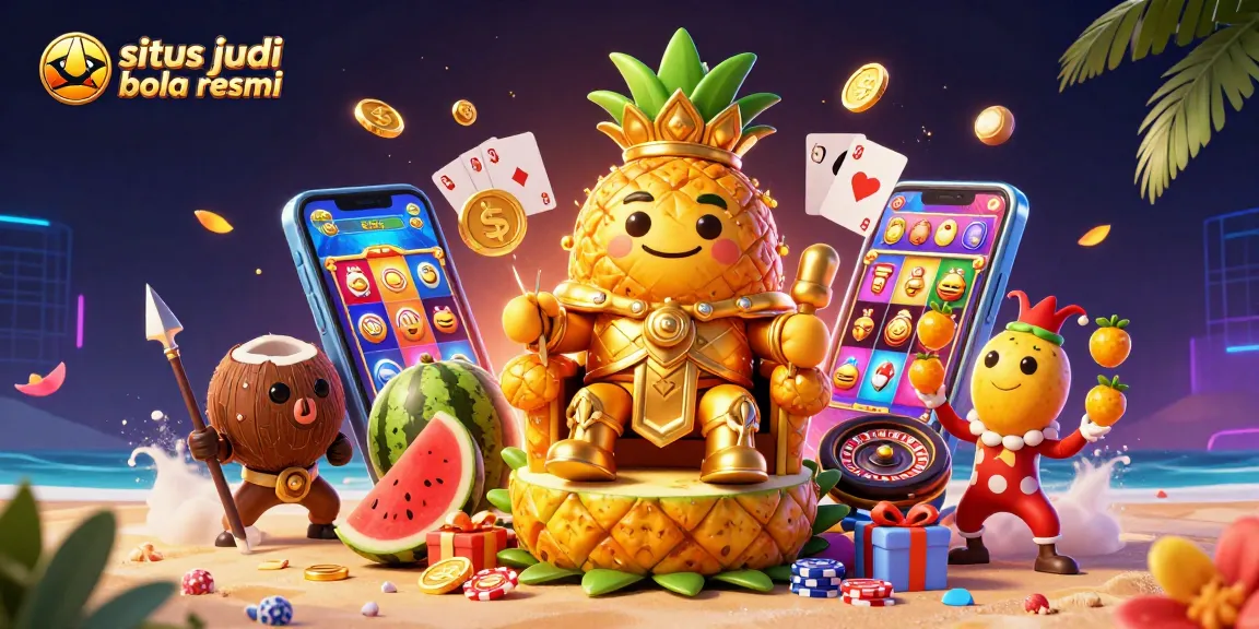 Situs judi bola resmi showcases a vibrant 3D scene with a pineapple king and gaming elements for enhanced excitement.