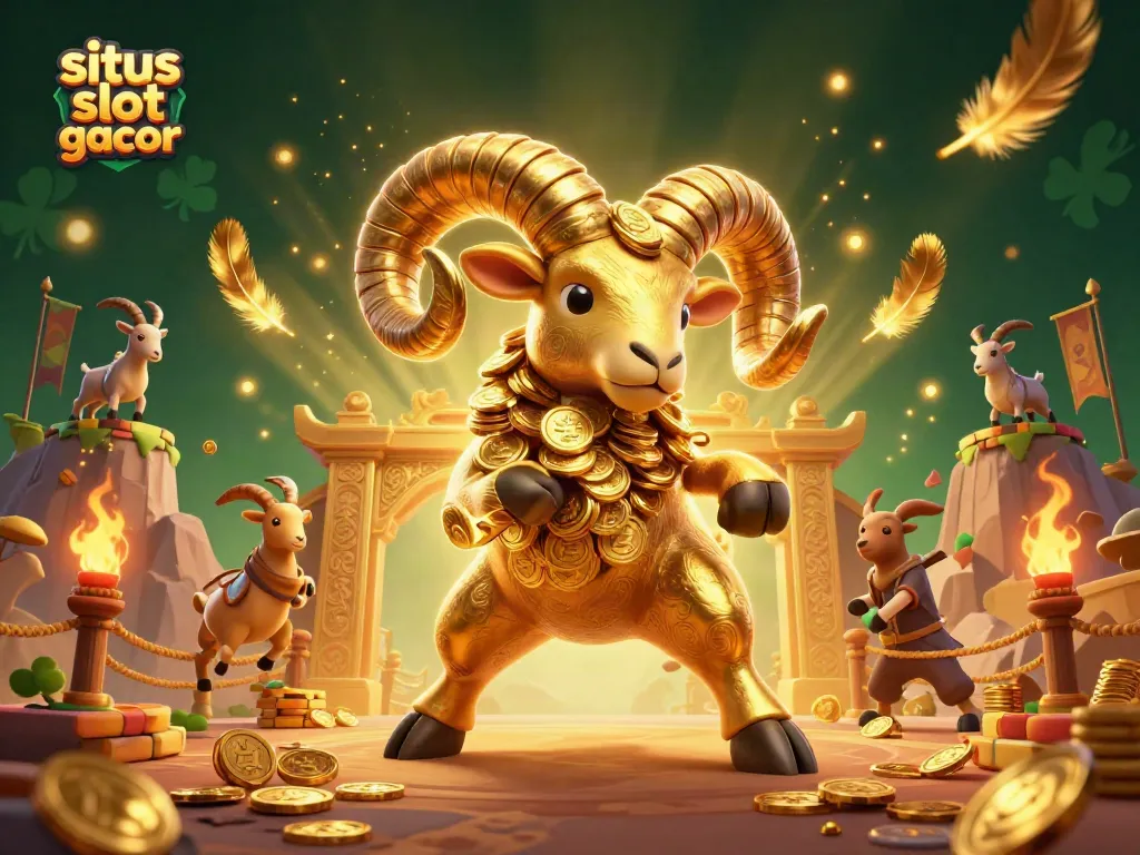 Mengalami permainan di situs slot gacor dengan ilustrasi 3D detail ram emas dan koin menanti keberuntungan.