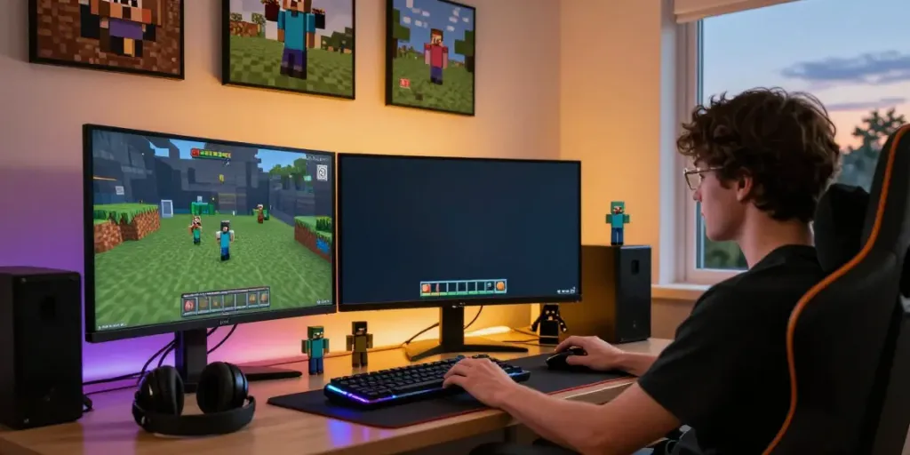 Immersive gaming room with a person playing on a Minecraft server list in 2026.