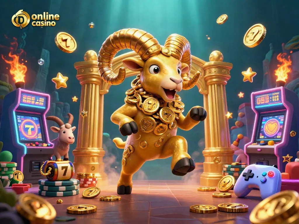 Experience the thrill of online casino malaysia with a golden ram charging through a vibrant gaming scene.