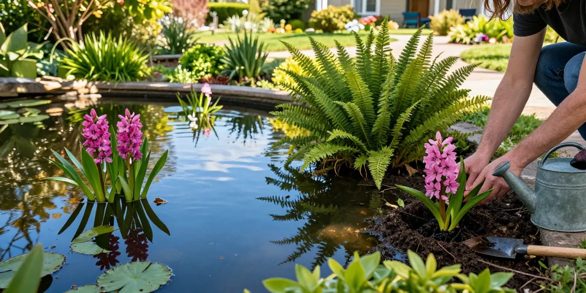 Buy Pond Plants Online with vibrant pond lilies being planted in a serene garden setting.