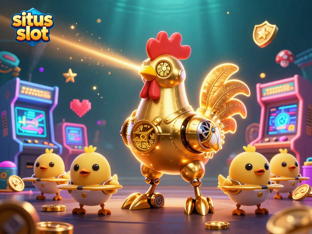Raih kemenangan di situs slot dengan ilustrasi robot ayam emas futuristik di kasino.