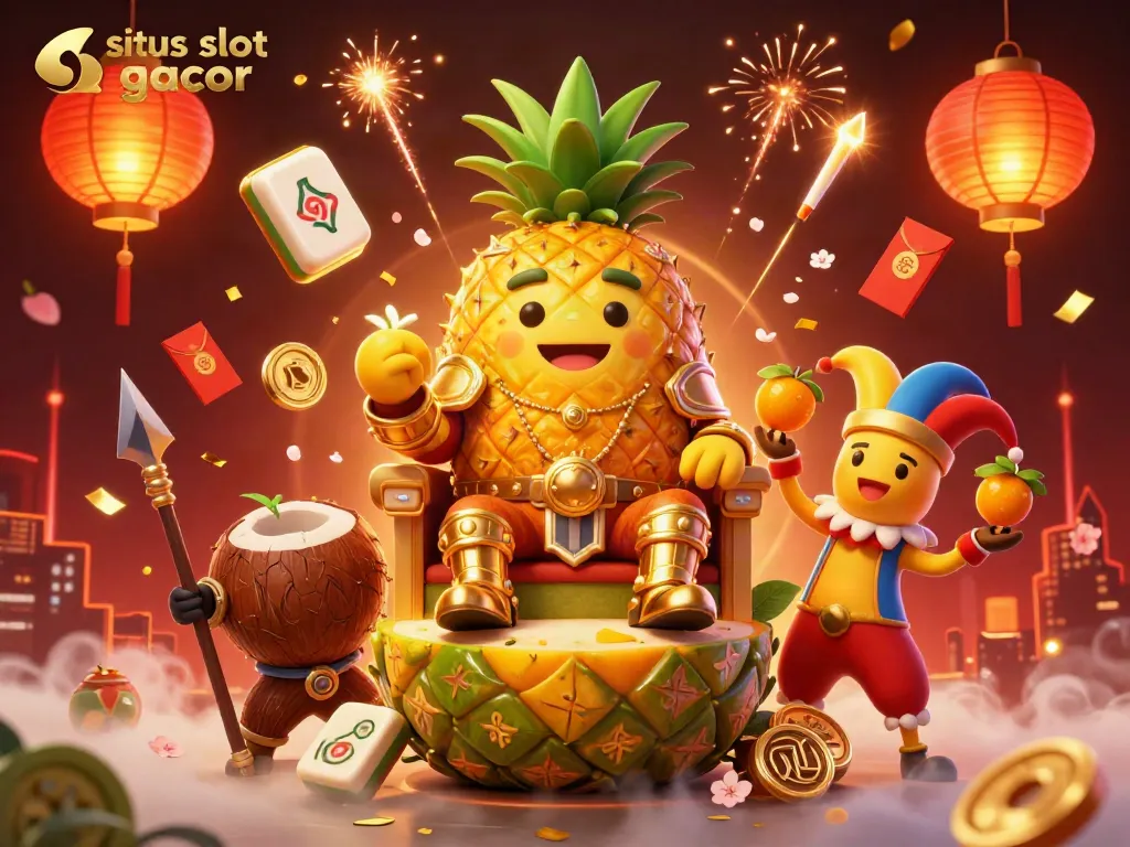 Situs slot gacor dengan raja nanas kartun duduk di takhta buah dikelilingi oleh elemen judi yang berkilau.