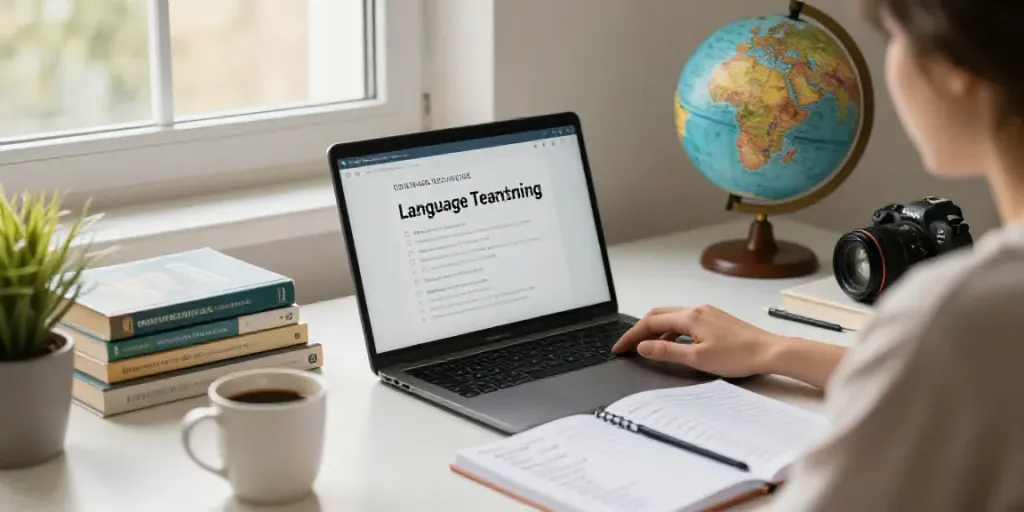 Engaging language learner studying with Toto resources at a cozy desk.