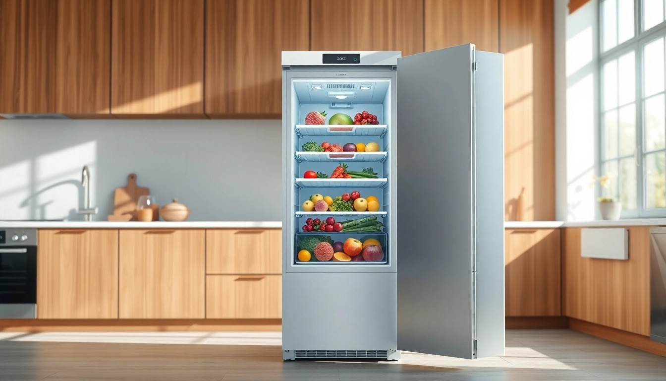 Brightly lit modern freezer showcasing organized frozen foods in an elegant kitchen.