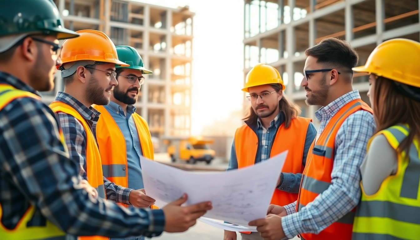 Members of a construction association discussing plans at a job site, fostering teamwork.