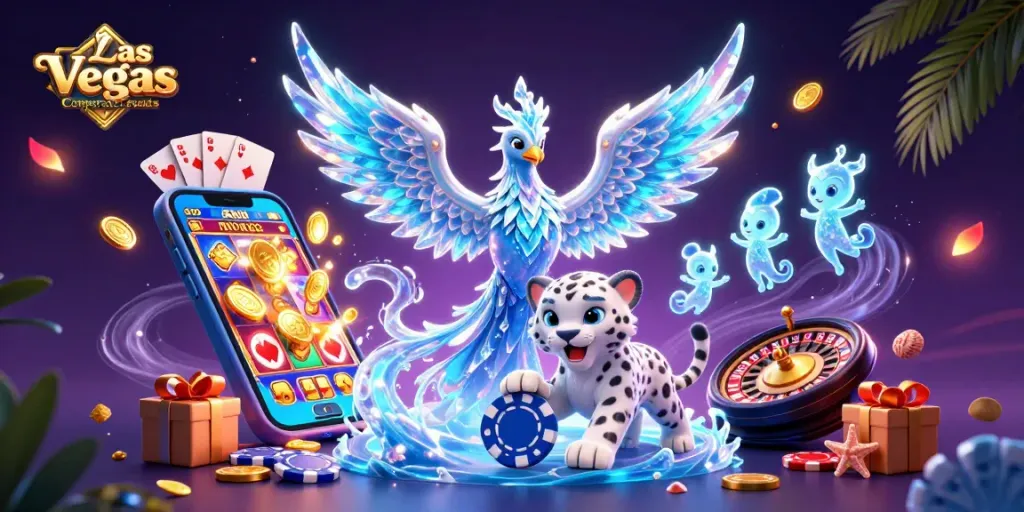 Experience thrilling Las Vegas Corporate Events with an ice phoenix alongside poker chips and slot games.