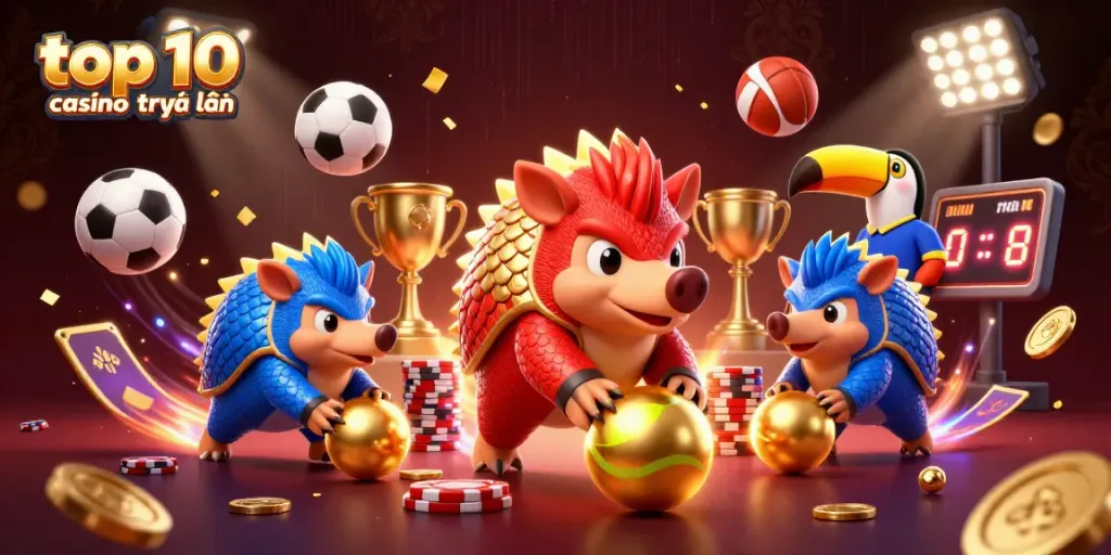 Những chú tê tê cạnh tranh trong không gian sòng bạc, thể hiện top 10 casino trực tuyến.