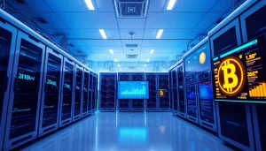 Showcase of top cloud mining technologies in a modern facility with advanced servers and cryptocurrency data.