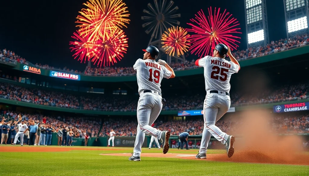 mlb중계를 시청하는 팬들과 하이라이트 플레이가 펼쳐지는 야구 경기 현장