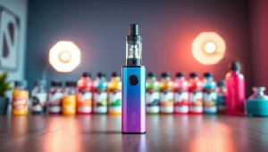 Vaporizer vozol steht elegant vor einer Auswahl bunter E-Liquids.