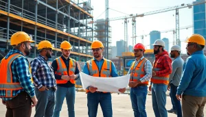 Workers collaborating at a New York Commercial General Contractor construction site, showcasing teamwork and expertise.
